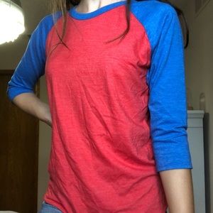 red and blue baseball tee